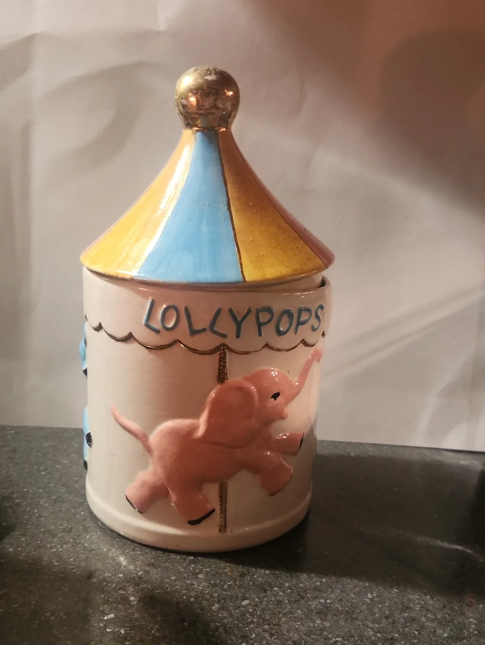 1960's SFA  Pottery Storybook Carousel Elephant Lollypop Canister Signed Millie